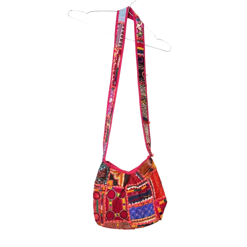 Lucky Brand Crossbody‎ Bag Women Small Red Multi Boho Patchwork Embroidered Hobo